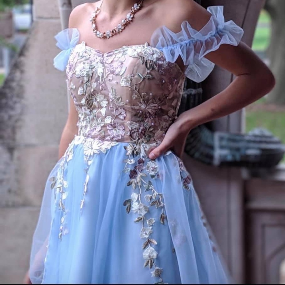 Blue Tule Corset Floral Formal Dress